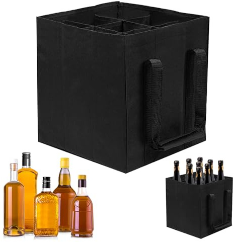 Borsa Portabottiglie Pieghevole Vino 9 Scomparti, Buste Porta Bottiglie D'acqua Riutilizzabile, Poliestere Resistente, Pratico Borsa per Campeggio il Trasporto Della Bottiglia Nero, 27cmx27cmx27cm