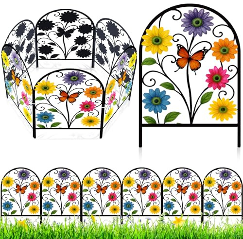 Yaocom Flower Decorative Garden Fence, 6 Pack 16.5''h x 11.8''w Metal Animal Barrier Border, Floral Butterfly Design Arched Garden Fence Panels for Spring Outdoor Yard Lawn Patio Flower Bed Decor