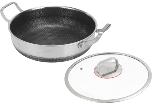 HohuzSruk Sartén Para Saltear De Acero Inoxidable,Antiadherente de Acero Inoxidable con Tapa,Sartén Seguro para Horno | Para Hogar Restaurante Camping Sellado Horneado Salteado Tortilla Panqueques