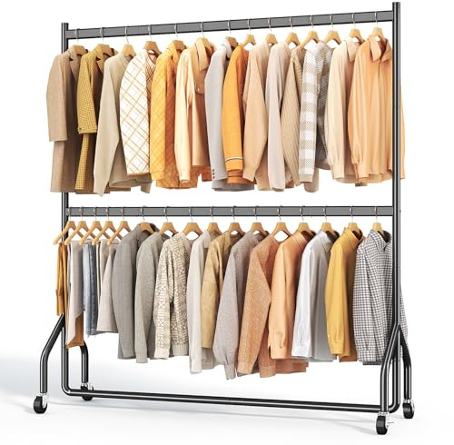 HOKEEPER Perchero de Ropa Doble Resistente a Cargas Pesadas con Gran Capacidad, Organizador de Armario con Ruedas para Boutiques, Dormitorio, Lavandería - 152cm