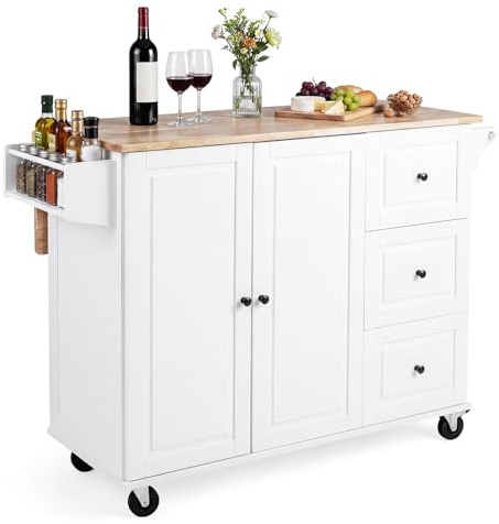 COSTWAY Carrello da Cucina in Legno, Carrello Isola Cucina con Ripiano Ribaltabile, Ruote, 3 Cassetti e Armadietto, Porta Spezie e Asciugamani, 129,5x76x93 cm