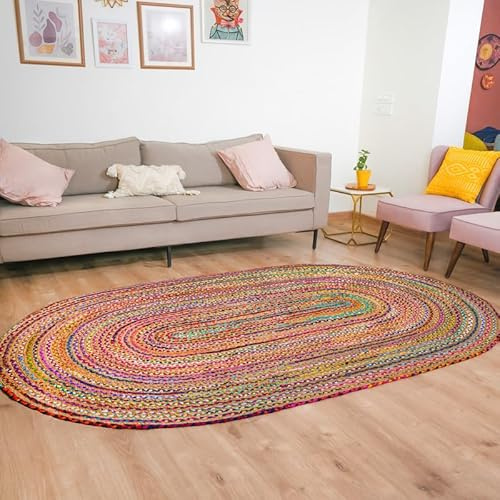 RAJRANG Multicolor Oval Boho Algodón Chindi Yute Alfombra Lavable Rugs Tejidos para el Hogar Cocina Salón Y Dormitorio 152 x 91 cm
