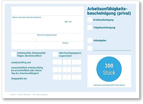 Frank Paperman® | 300x Blatt Attest block für Krankschreibung | ungeblockt | Vordruck Arbeitsunfähigkeitsbescheinigung im DIN-A6-Format | Arzt Zubehör