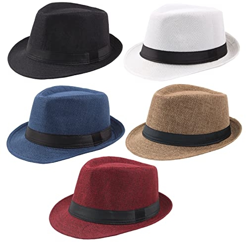 Ultrafun 5 Pack Short Brim Fedora Classic Summer Beach Sun Hat Panama Straw Cap for Men Women (Large, 5Pack-Black+White+Khaki+Blue+Wine Red)