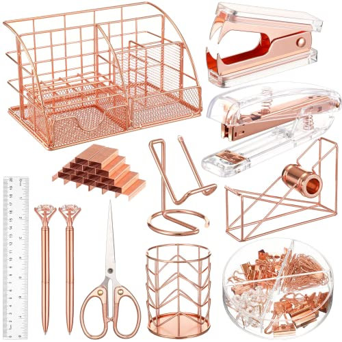 Roségoldenes Schreibtisch-Organizer und Hefter-Set inklusive Schreibtisch-Organizer, Handyhalter, Diamant-Stift, Stifthalter, Lineal, Schere, Hefter, Heftklammerentferner, Büroklammern, 12 Stück
