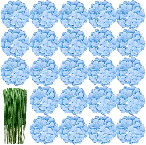 HinyoCo 28 Pcs Hortensias Artificiales, Hortensias de Seda Cabezas de Flores con Tallos Flores Falsas para Ramos de Novia, Decoración de Fiesta en el hogar, Arreglos, Centros de Mesa (Azul Claro)