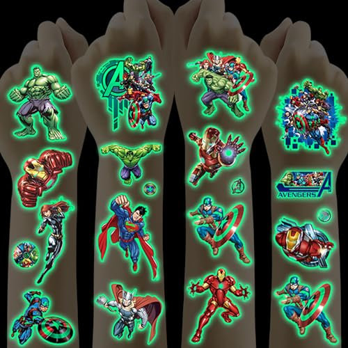 Tatouage Enfant,12 Feuilles Super Héros Tatouage Ephemere Lumineux,Faux Tatouage Enfant pour Garçon Fille,Cadeau Enfants Invites décoration de fête Petit Cadeau Pinata