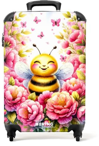 NoBoringSuitcases© Children's Luggage Kids Suitcase for Girls | 55x40x20 cm - Hand Luggage - Cabin Suitcase - Yellow Bee Pink Flowers - Lightweight Hard Shell Trolley on Wheels - 20 - 10kg