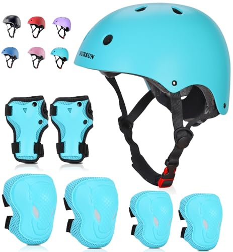 BURSUN Kinder Fahrradhelm Kinderhelm 7 in 1 Profi Knieschoner Kinder Set, Verstellbar Skaterhelm Knieschoner für Fahrrad Skateboard Roller Skaten Scooter 2-16 Jahre Alt Junge Mädchen