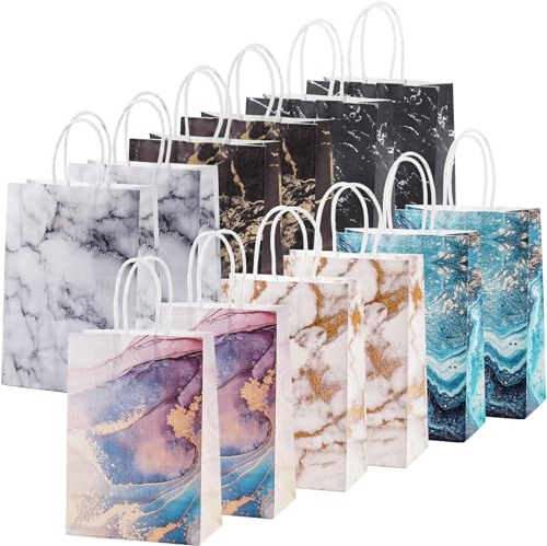 12 Stück Geschenktüten Papiertüten mit Henkel, Geschenktaschen Multipack Party Papiertüten, Mitgebsel Tüten Set für Kindergeburtstage, Geschenke, Giveaways, Hochzeiten, (21 x 15 x 8 cm)