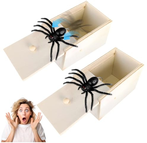 2 Piezas Araña Broma Caja de Madera, Caja Broma Araña Juguetes Caja Araña Broma Caja Sorpresa de Madera Araña Juguetes Caja de Broma Divertida para Halloween
