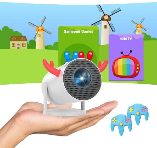 Mini Beamer 4K 1080P Unterstützt,Android OS 11 mit Kinder APP Eingebaut WiFi Bluetooth,DANCIEYA Smart Tragbarer Projektor Automatische Trapezkorrektur Retro-Gamecontroller für Kinderzimmer Heimkino