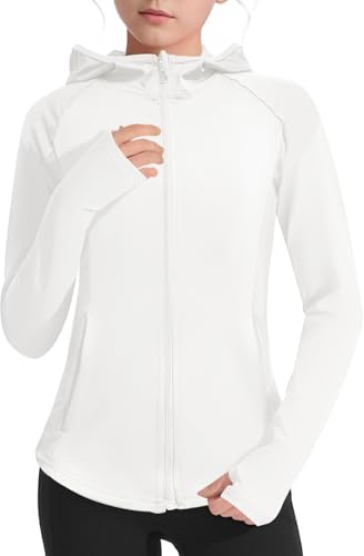 Girls Lightweight Jacket Long Sleeve Zip Up Athletic Hoodie Top UPF50+ Fishing Hiking Sun Protection Outwear (US, Age, 6 Years, 7 Years, White)