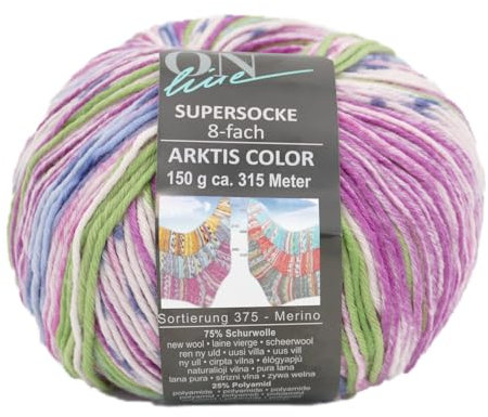 Online Garne Sockenwolle 8-fädig Supersocke Merino Color | Dicke Strumpfwolle mit Farbverlauf zum Stricken und Häkeln | Sockengarn 8-fach, trocknergeeignet (3098)