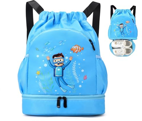 HAGOT Gimnasia Mochila con Cordón, Impermeable Bolsa de Gimnasio, Mochila Deporte Niño Gran Capacidad Con Bolsillo, Bolsas con Cordón para Niños de Natación con Cremallera para Piscina Playa, Azul