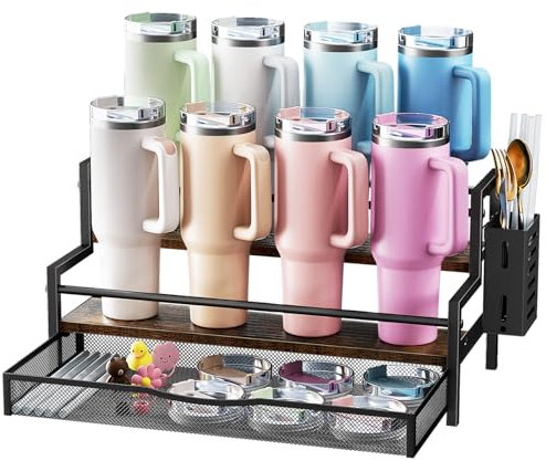 Kssiaz Portavasos para Copas Stanley, Organizador de Copas Stanley de 2 Niveles para 8 Copas, Organizador de Botellas con Cajón y Caja Lateral, Expositor de Tazas para Almacenaje de Cocina, Marrón