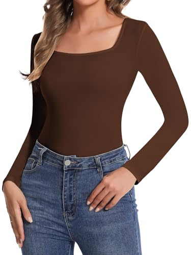SHAPERIN Top Maniche Lunghe Donna Maglietta Casual con Scollo Quadrato Canottiera Maniche Lunghe Tinta Unita, Marrone, L