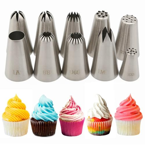 Xanewza Set di 10 Beccucci in Acciaio Inox, Beccucci Sac a Poche Grandi, Punte per Piping Grandi (1M, 2D, 2F, 4B, 6B, 1A, D66 et 233, 234, 234M) per Decorare Torte Crema Cupcake (10PCS Beccucci)