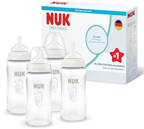 NUK First Choice Baby Bottles | 3+ Months | 240ml | Anti Colic Feeding Bottle | Glass | Temperature Control Indicator | Seahorse | 4 Count