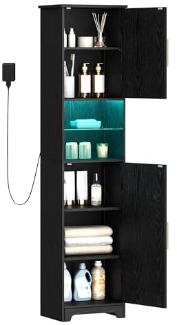 Hzuaneri Tall Bathroom Cabinet with Lights, 30 x 40 x 170 cm, Black | Slim Bathroom Storage Unit with 2 Doors and Adjustable Shelve, for Small Spaces, Kitchen, Living Room, Laundry Room, SC28204X