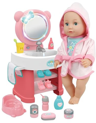 Poupée qui boit et fait pipi parlant avec miroir lumineux sonore, lavabo avec eau fonctionnelle, accessoires de salle de bain, vase, toilettes musiques, 10 sons, cabinet poupée 35 cm avec miroir
