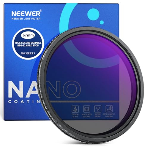 NEEWER 67 mm äkta färger hårt stopp, variabelt ND-filter ND2-32 (1-5 stopp) begränsat neutralt densitetsfilter, flerbelagt HD optiskt glas/ingen x kors/aluminiumram/vatten/repa