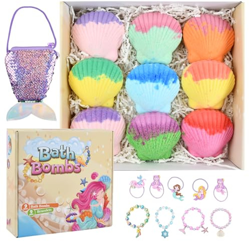 Ecofocet 9 Piezas Bombas de Baño para Niños con Sorpresa Juguetes, Bolas de Baño de Burbujas Naturales, Set de Regalo con Accesorios de Sirena, Regalo Ideal para Niños y Niñas