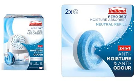 UniBond AERO 360º Moisture Absorber, Ultra-Absorbent Dehumidifier, Helps to Prevent Condensation & AERO 360° Moisture Absorber Neutral Refill Tab, Twin Pack (2 x 450g)