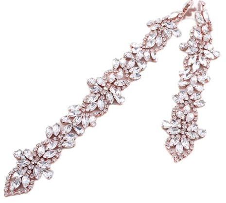 LEEMASING Rhinestone Crystal Belt for Wedding Dress Wedding Party Prom Sash with Ribbon for Women Evening Dress, Rose Gold, M
