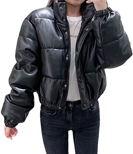 Manteau Court en Cuir Chaud d'hiver pour Femmes Veste en Duvet matelassée à Manches Longues Manteau Court en Coton Veste Bouffante en Cuir Artificiel Manteau à Fermeture éclair
