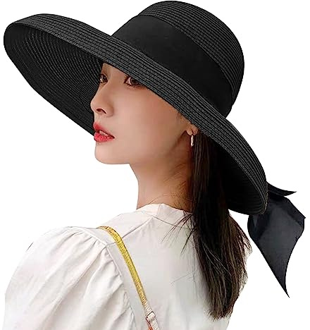 Wide Brim Straw Hat for Women Fedora Summer Sun Visor Floppy Foldable Roll up Beach Sun Hat UV Protection Travel Outdoor Straw Cap Fashion Bowknot Trilby Bowler Cap for Seaside Holiday Party