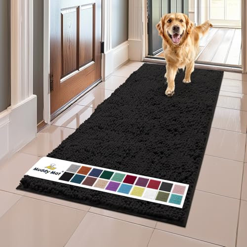 Muddy Mat® AS-SEEN-ON-TV Highly Absorbent Microfiber Door Mat and Pet Rug, Non Slip Thick Washable Area and Bath Mat Soft Chenille for Kitchen Bathroom Bedroom Indoor and Outdoor-Black Runner 59X24
