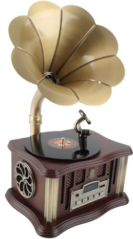 Haut-Parleur Bluetooth Gramophone Vintage en Bois BT5.0, Rechargeable USB C, Mini Phonographe Rétro avec Fonction FM (Café)