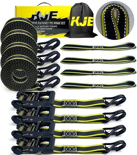 KJE Reflective Ratchet Straps, (4) 1.5 x 15' Tie Down Strap Sets + (4) Soft Loops, TPR Handles & Coated J Hook W/Safety Clip, 6,000lb Break Strength, Cargo Strap for Car, Motorcycle, ATV