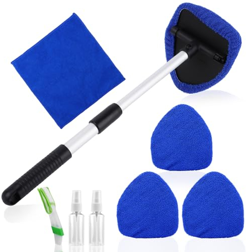 PBUSPU Nettoyant pour Pare-Brise de Voiture, Kit Nettoyage Voiture, 180° Extensible Brosse de Fenêtre de Nettoyage à Manche Long,avec 3 Brosse,1 Chiffon 2 flacons pulvérisateurs 1 Pinceau