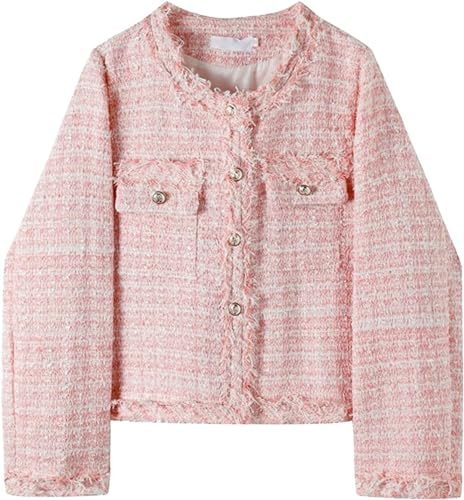 Femmes Tweed Blazer Printemps et Automne vérifier Mode Classique Rose Veste À Carreaux Travail d'affaires Casual Tricoté Gland Bouton Blazer