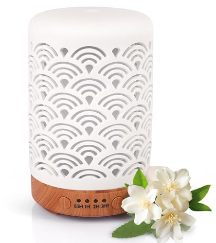 Glovios Aroma Diffuser, 100 ml Keramik Luftbefeuchter Duftöl Diffuser, Essential Oil Diffuser mit 7 Farben LED, Timer, Diffusor für Schlafzimmer Wohnzimmer Büro, Wasserlose Abschaltautomatik