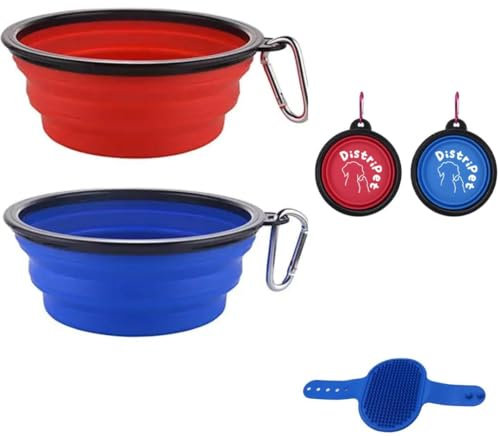 DistriPet Bebedero Perro Plegable, 2 uds de Cuenco Portátil. Capacidad de 350 ml Cada uno. Incluye Cepillo para Peinar y Masajear y mosquetón para Viaje. Libre de BPA es Seguro para Perros.