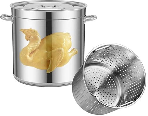 Olla de Acero Inoxidable para enlatar al baño maría, Resistente, con Cesta y Tapa, Ideal para cocinar Langostas, camarones y Tamales al Vapor, 40 x 40 cm.