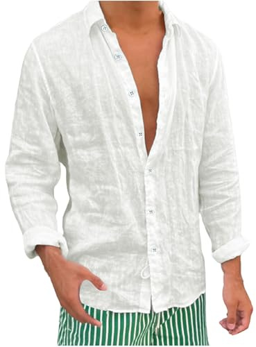 Mens Shirts Casual Cotton Linen Hawaiian T-Shirts Short Sleeve Button Tops Tees Summer Vacation Beach Clothes Blouse Camisa Cuello Mao Hombre(White, XL)