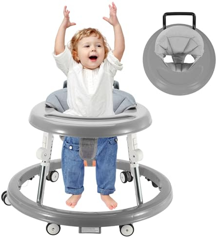 Lauflernhilfe mit Rädern, Aktivitätszentrum mit stummen Rädern, Anti-Rollover, 5-fach höhenverstellbar, faltbar, Lauflernhilfe (China,Gray)