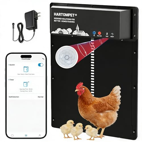 HARTOMPET Automatic Chicken Coop Door – Programmable with App, Battery/Solar Panel/Grid Operated, Multiple Anti-Pinch w/Resistance Detection & Motion Sensor, Plug&Play Electric Aluminum Chicken Door