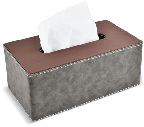 Caja de Pañuelos Rectangular de Cuero PU, 25×14×10.5 cm, Dispensador de Pañuelos Papel Decorativo, Tissue Box para Hogar, Baño, Salón, Dormitorio, Oficina y Coche, Gris