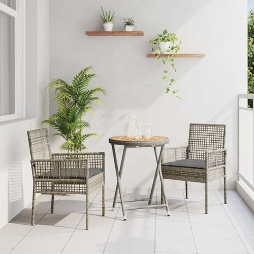 Ensemble bistro de jardin 3 pièces en polyrotin gris résistant aux intempéries pour balcon, terrasse, avec table et chaises, design durable