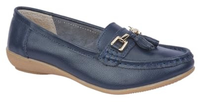 Jo & Joe Women Leather Flat Loafer Ladies Casual Comfy Slider Low Wedge Heel Work Shoes Royal Blu Wide Fit Size 7