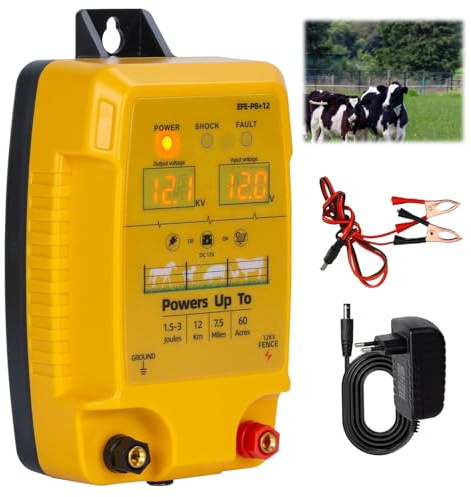 12V Electric Fence Energiser with Dual Led Display, Waterproof Electric Fence Tester Insulators, Range 10 Km, Electric Fence Device for Cattle, Sheep, Poultry, and Livestock, 1.5 Joule Output