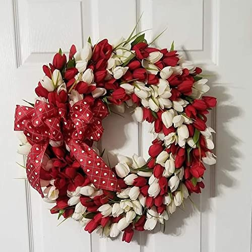 Fiktory konstgjord tulpankrans 40 cm ytterdörrsdekor med sidenblommor för mors dag bröllop och heminredning