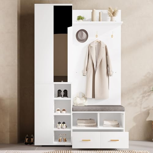 Ensemble de garde-robe avec miroir, banc à chaussures, armoire à chaussures, armoire de couloir, étagère, Gain de Place, avec 1 tiroir et 3 Crochets, pour Couloir, Chambre (Blanc, 120x35x190cm)