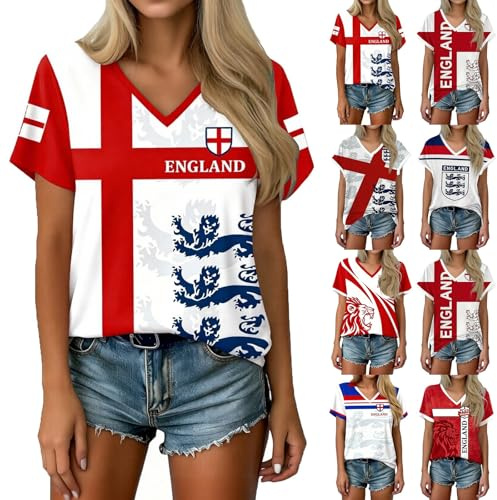 England Football Shirt 2026 Football Women's Short Sleeve Graphic V-Neck Top T-Shirt England T Shirts Sports Soccer Tops Britain Bunting Flags Footballs Tee Gift for Supporters