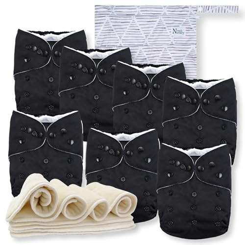 Nora's Nursery Paquete de 7 pañales de tela con 7 insertos y 1 bolsa húmeda, funda impermeable, lavables, reutilizables y pañales de bolsillo ajustables de talla única para recién nacidos y niños